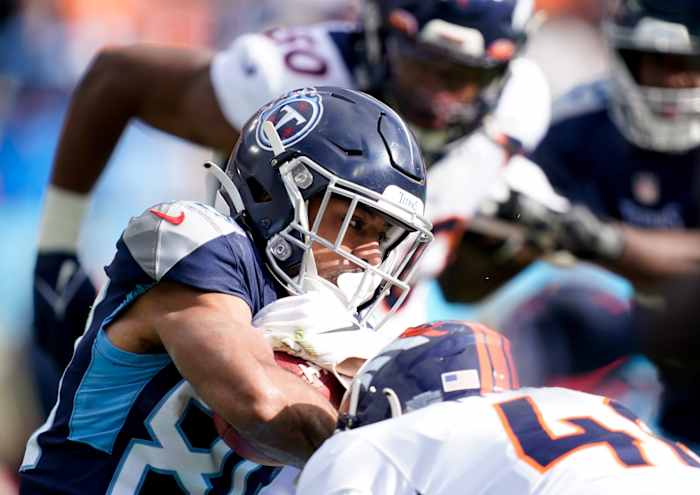 Tennessee Titans wide receiver C.J. Board (80) is stopped on a punt return in the second quarter at Nissan Stadium Sunday, Nov. 13, 2022, in Nashville, Tenn.